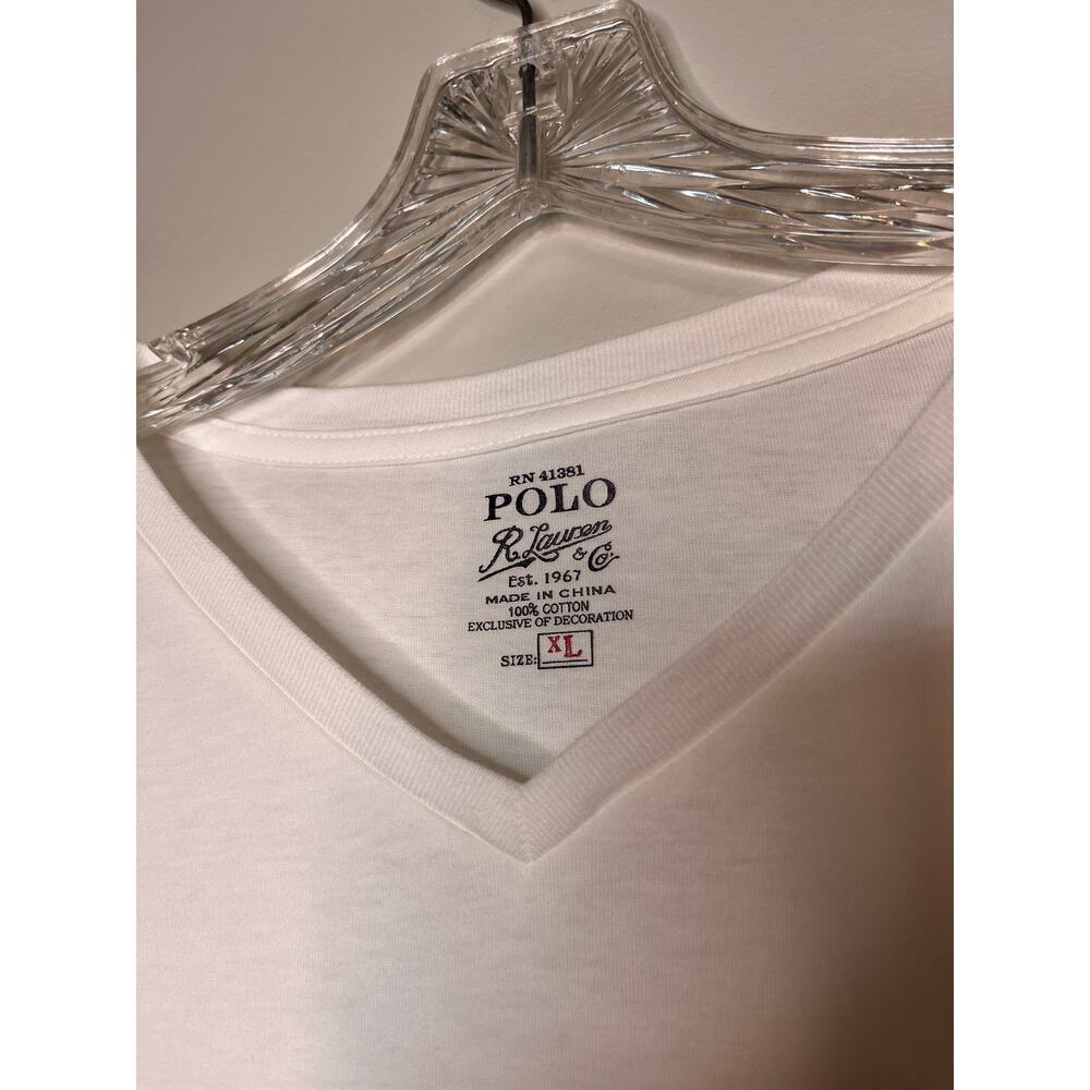 Polo Ralph Lauren Bright Crisp White Casual Soft Navy Blue Pony V Neck Shirt XL - Picture 2 of 4